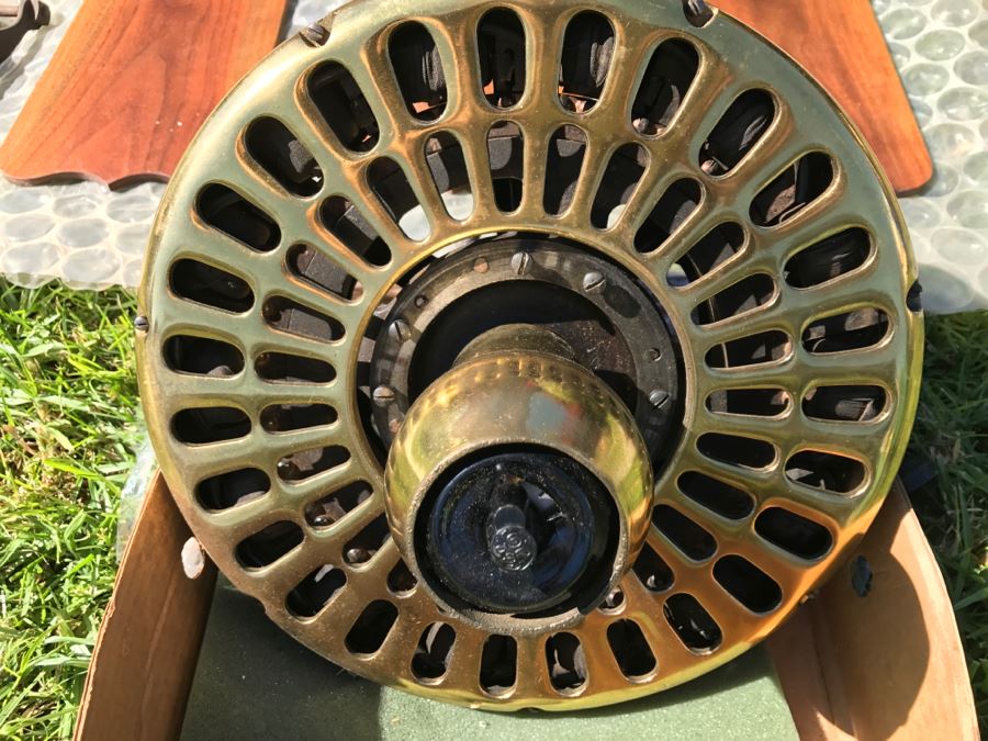 Antique Commercial Grade Mercantile Brass Ceiling Fan Hunter Fan & Motor Co - Very Heavy - Wooden Paddles Have Been Refinished [Photo 8]