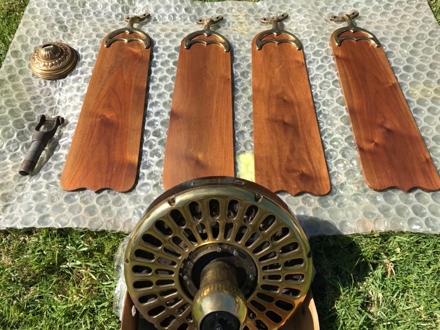 Antique Commercial Grade Mercantile Brass Ceiling Fan Hunter Fan & Motor Co - Very Heavy - Wooden Paddles Have Been Refinished