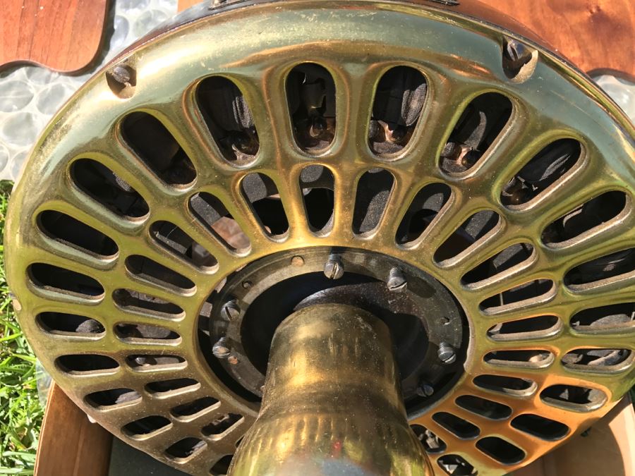 Antique Commercial Grade Mercantile Brass Ceiling Fan Hunter Fan & Motor Co - Very Heavy - Wooden Paddles Have Been Refinished [Photo 10]