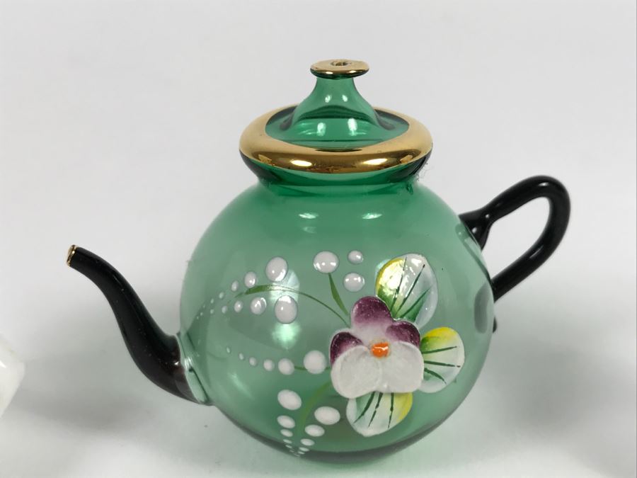 Pair Of Small Figurines And Handpainted Glass Teapot [Photo 4]