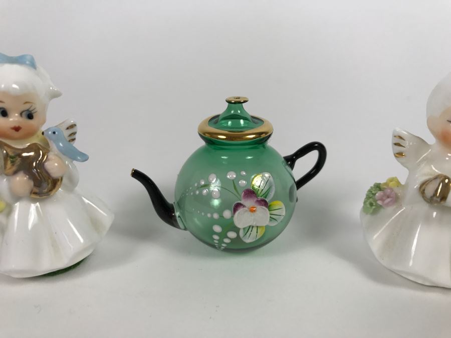 Pair Of Small Figurines And Handpainted Glass Teapot [Photo 3]