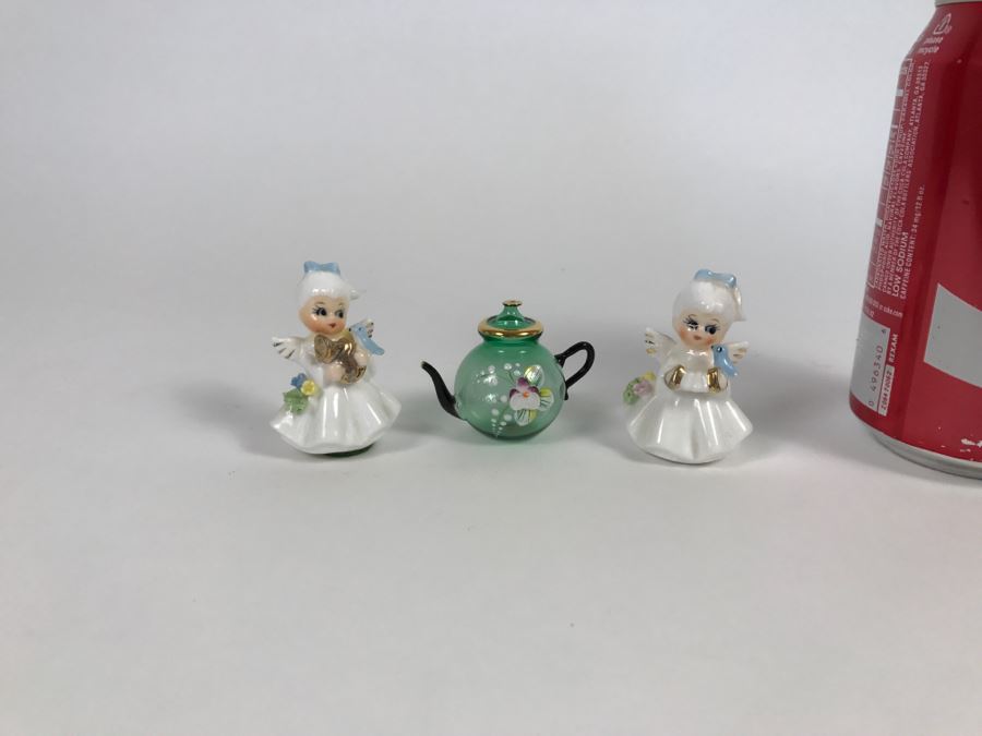 Pair Of Small Figurines And Handpainted Glass Teapot [Photo 2]