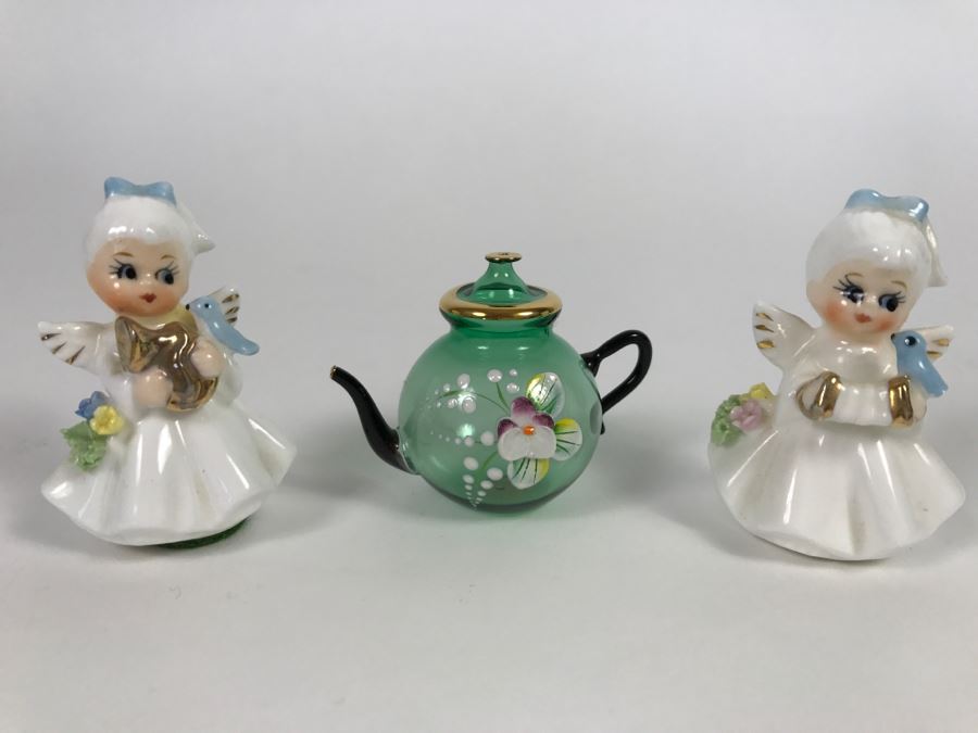 Pair Of Small Figurines And Handpainted Glass Teapot [Photo 1]