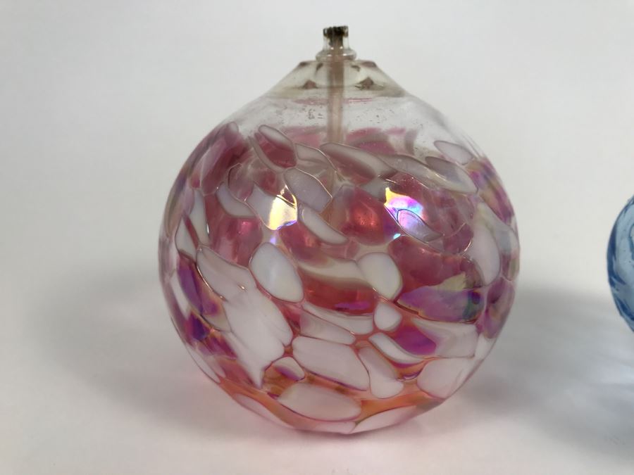 Signed Blue Art Glass Sculpture And California Glass Studio Art Glass Oil Lamp [Photo 7]