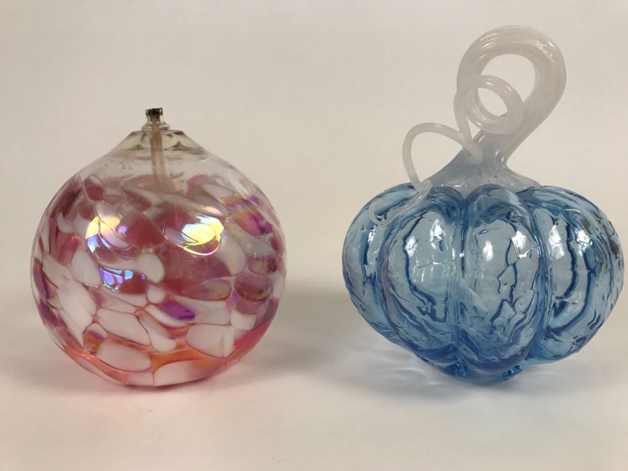 Signed Blue Art Glass Sculpture And California Glass Studio Art Glass Oil Lamp [Photo 1]