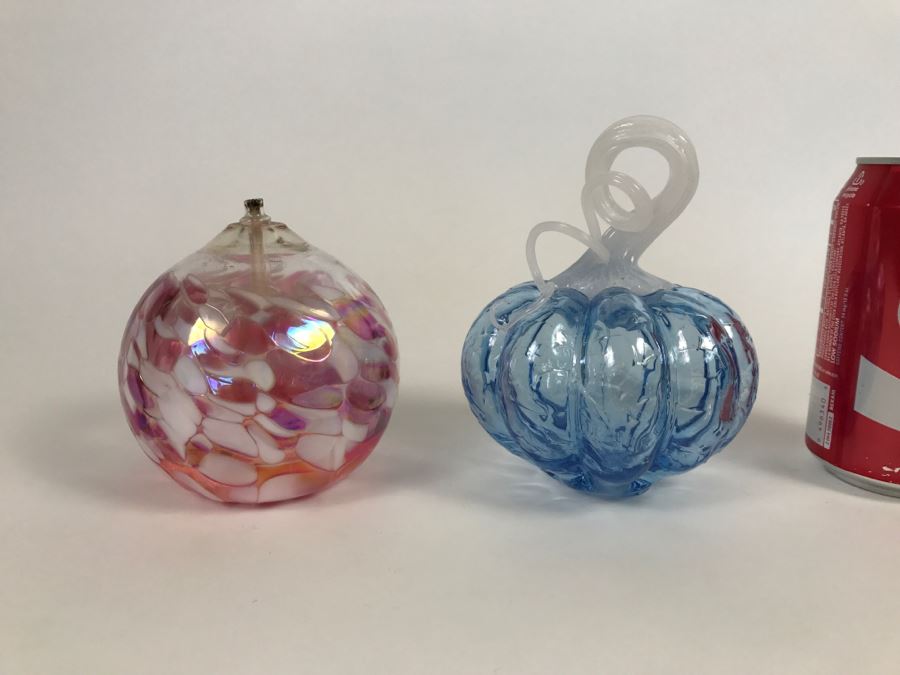 Signed Blue Art Glass Sculpture And California Glass Studio Art Glass Oil Lamp [Photo 2]