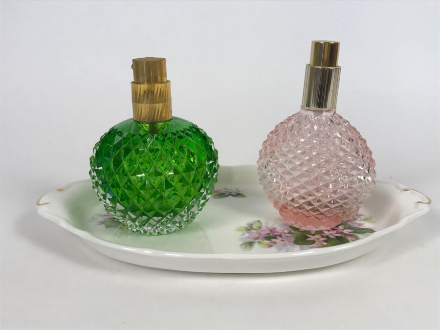 Pair Of Glass Perfume Bottles And Royal Albert Bone China Tray [Photo 1]