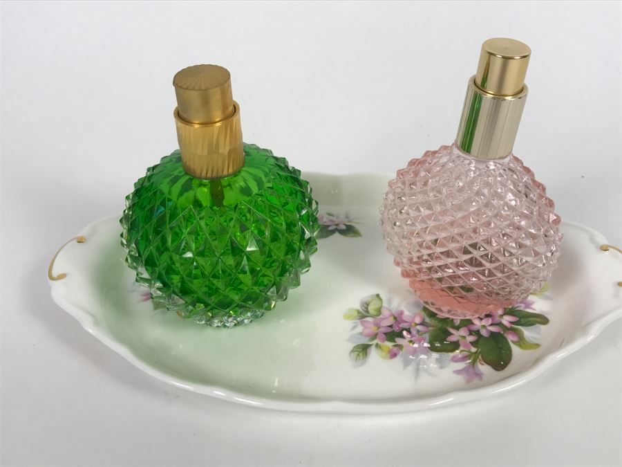 Pair Of Glass Perfume Bottles And Royal Albert Bone China Tray [Photo 3]