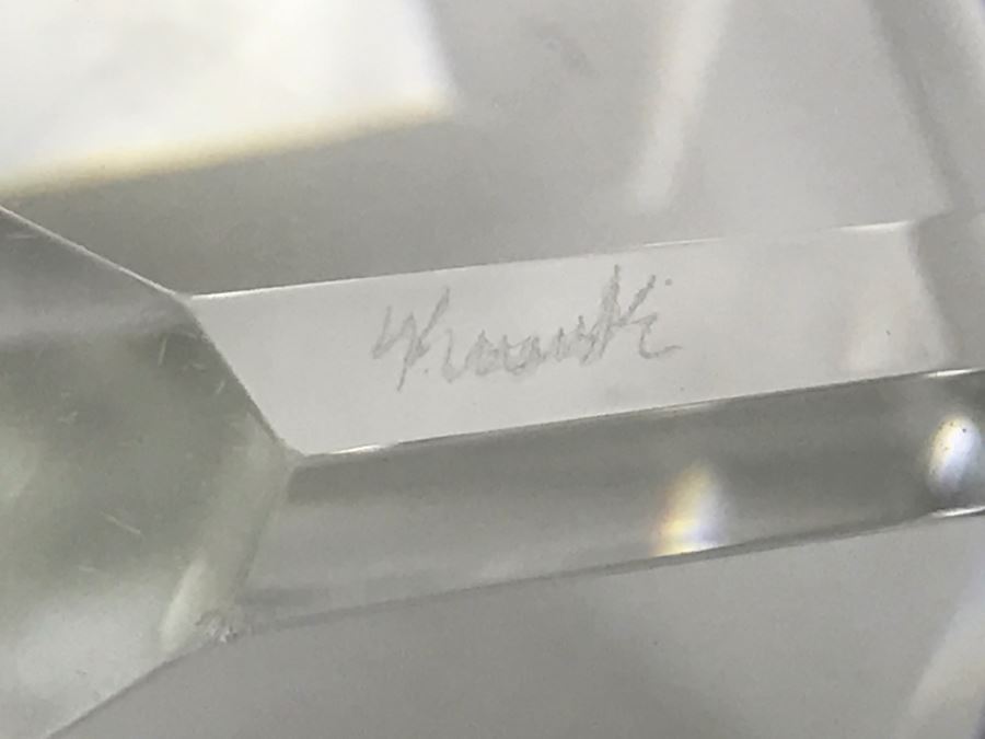 Signed Art Glass Sculpture Of Cube Floating On Glass Base - Slight Chips On Where Cube Rests On Base As Shown In Photos [Photo 22]