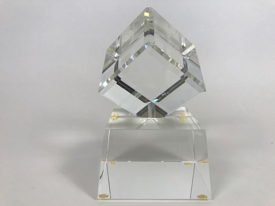 Signed Art Glass Sculpture Of Cube Floating On Glass Base - Slight Chips On Where Cube Rests On Base As Shown In Photos [Photo 4]