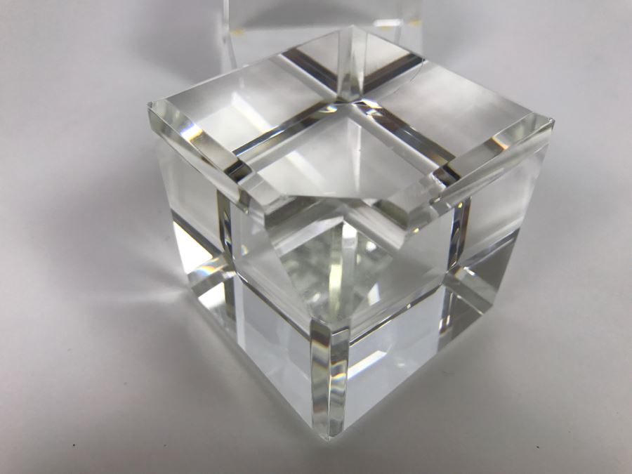 Signed Art Glass Sculpture Of Cube Floating On Glass Base - Slight Chips On Where Cube Rests On Base As Shown In Photos [Photo 14]