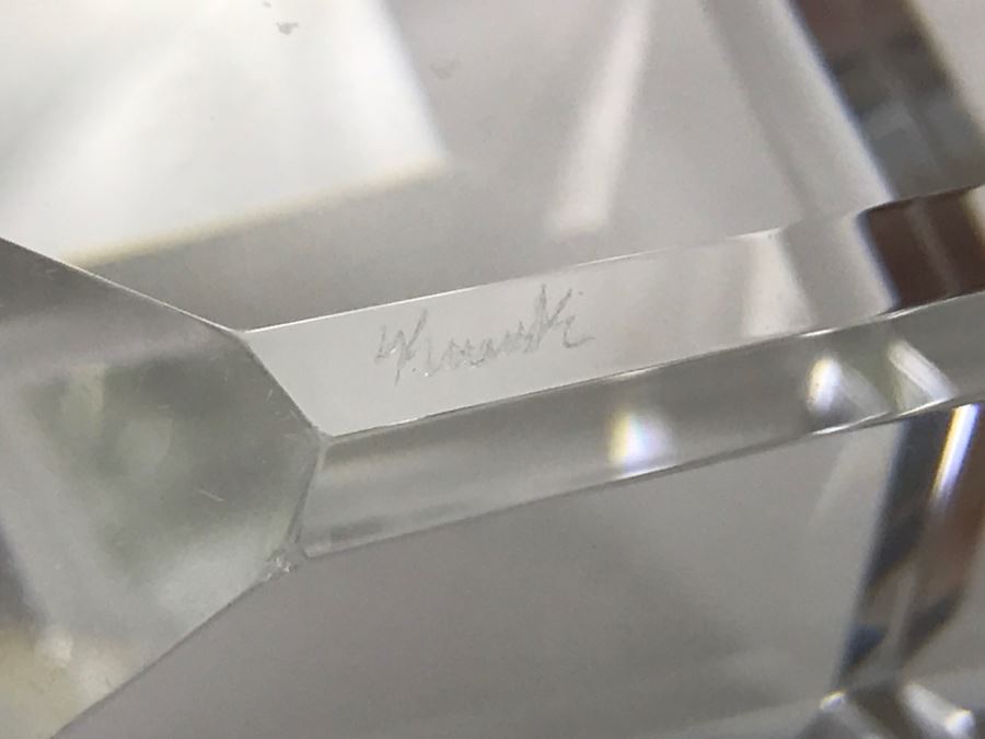 Signed Art Glass Sculpture Of Cube Floating On Glass Base - Slight Chips On Where Cube Rests On Base As Shown In Photos [Photo 18]