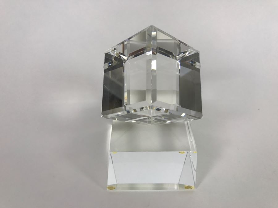 Signed Art Glass Sculpture Of Cube Floating On Glass Base - Slight Chips On Where Cube Rests On Base As Shown In Photos [Photo 5]