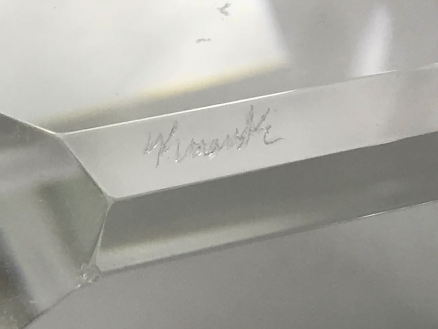 Signed Art Glass Sculpture Of Cube Floating On Glass Base - Slight Chips On Where Cube Rests On Base As Shown In Photos [Photo 20]