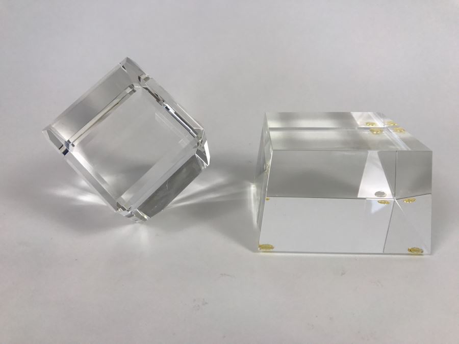 Signed Art Glass Sculpture Of Cube Floating On Glass Base - Slight Chips On Where Cube Rests On Base As Shown In Photos [Photo 10]