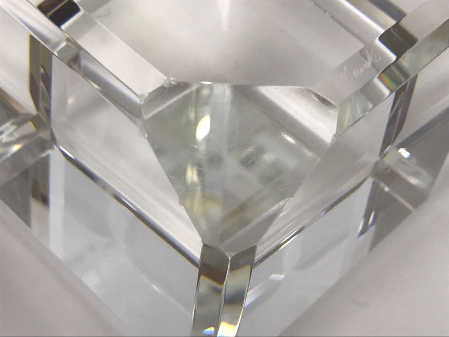 Signed Art Glass Sculpture Of Cube Floating On Glass Base - Slight Chips On Where Cube Rests On Base As Shown In Photos [Photo 16]