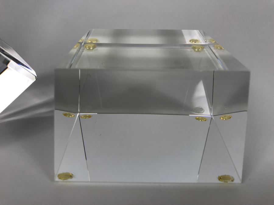 Signed Art Glass Sculpture Of Cube Floating On Glass Base - Slight Chips On Where Cube Rests On Base As Shown In Photos [Photo 13]