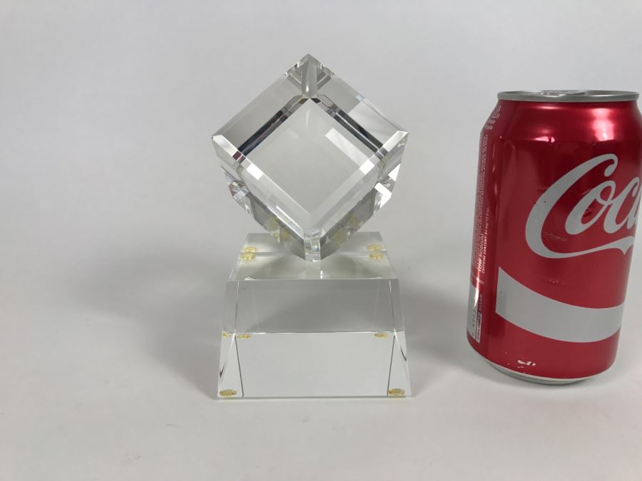 Signed Art Glass Sculpture Of Cube Floating On Glass Base - Slight Chips On Where Cube Rests On Base As Shown In Photos [Photo 9]