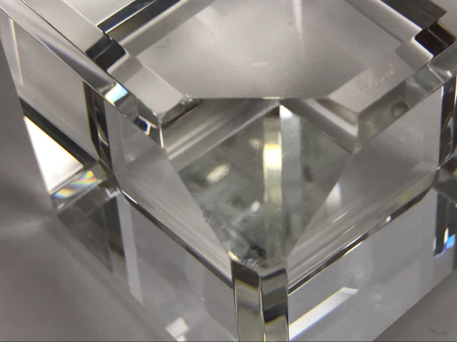 Signed Art Glass Sculpture Of Cube Floating On Glass Base - Slight Chips On Where Cube Rests On Base As Shown In Photos [Photo 17]
