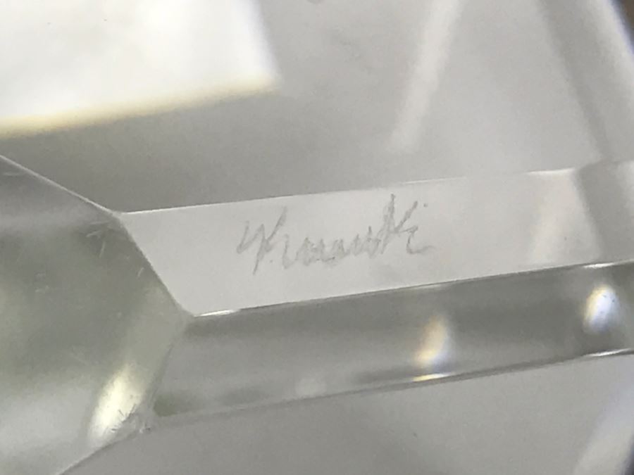 Signed Art Glass Sculpture Of Cube Floating On Glass Base - Slight Chips On Where Cube Rests On Base As Shown In Photos [Photo 2]