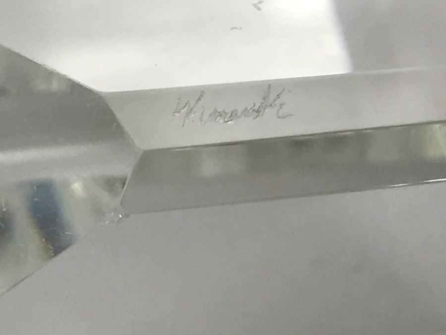 Signed Art Glass Sculpture Of Cube Floating On Glass Base - Slight Chips On Where Cube Rests On Base As Shown In Photos [Photo 21]