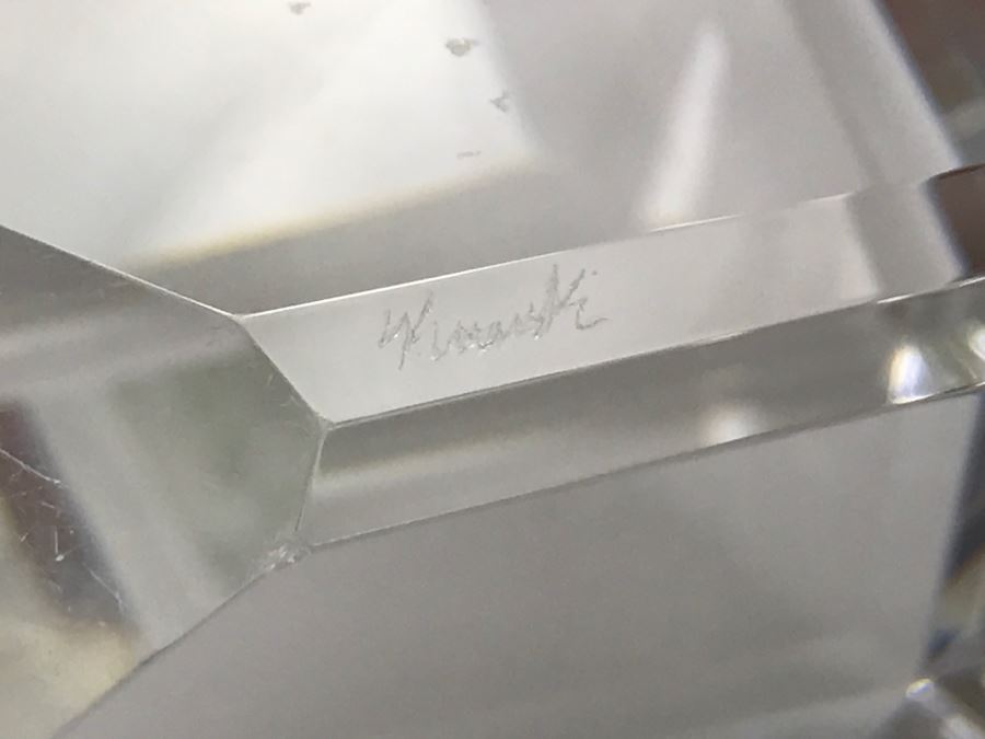 Signed Art Glass Sculpture Of Cube Floating On Glass Base - Slight Chips On Where Cube Rests On Base As Shown In Photos [Photo 19]