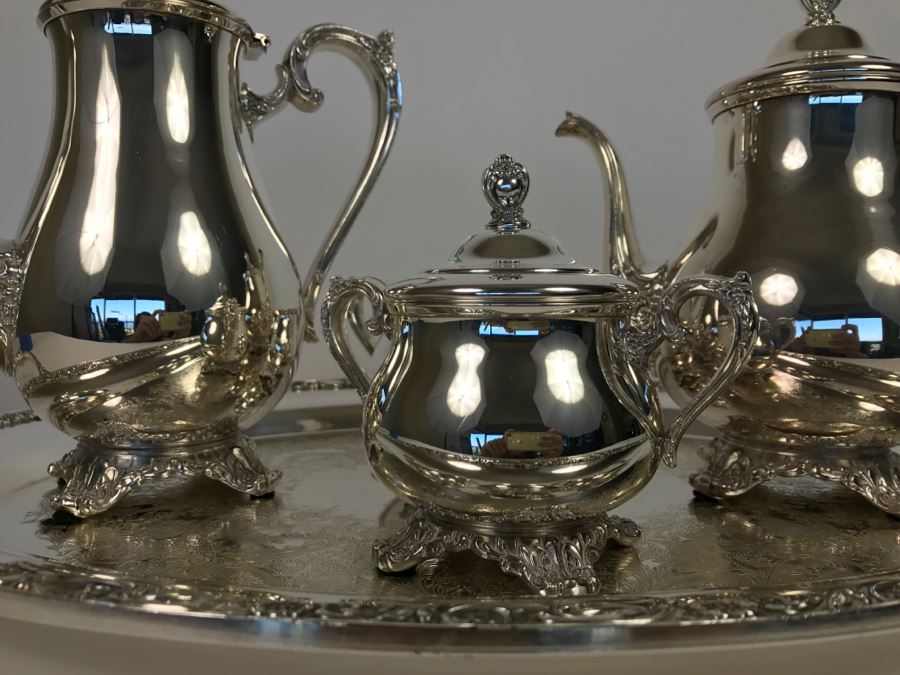 Silverplate Victorian Rose WM Rogers & Son Coffee Pot, Teapot, Creamer, Sugar And Serving Tray [Photo 9]