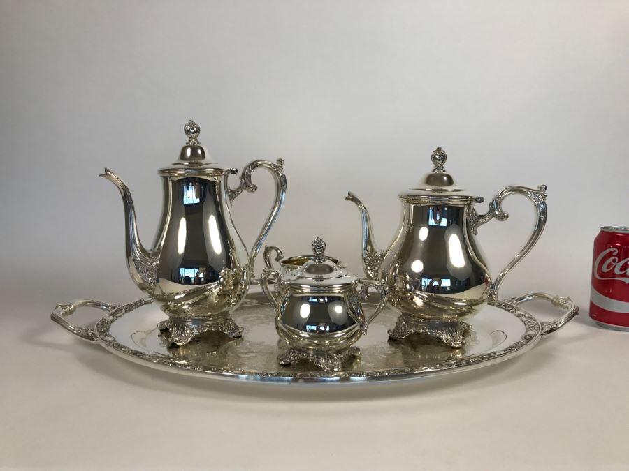 Silverplate Victorian Rose WM Rogers & Son Coffee Pot, Teapot, Creamer, Sugar And Serving Tray [Photo 2]