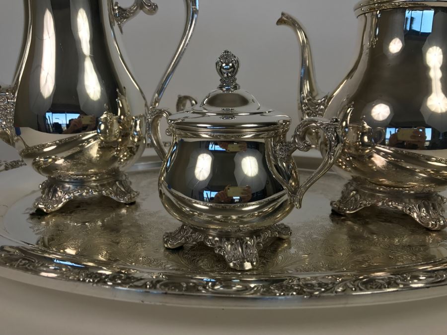Silverplate Victorian Rose WM Rogers & Son Coffee Pot, Teapot, Creamer, Sugar And Serving Tray [Photo 11]