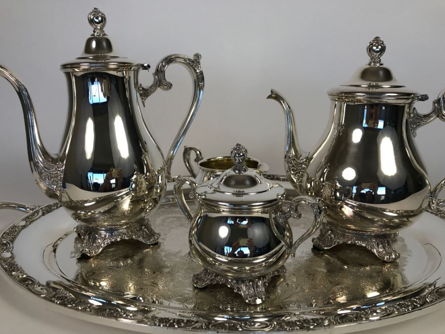 Silverplate Victorian Rose WM Rogers & Son Coffee Pot, Teapot, Creamer, Sugar And Serving Tray [Photo 7]