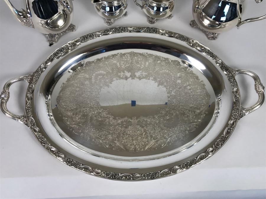 Silverplate Victorian Rose WM Rogers & Son Coffee Pot, Teapot, Creamer, Sugar And Serving Tray [Photo 19]