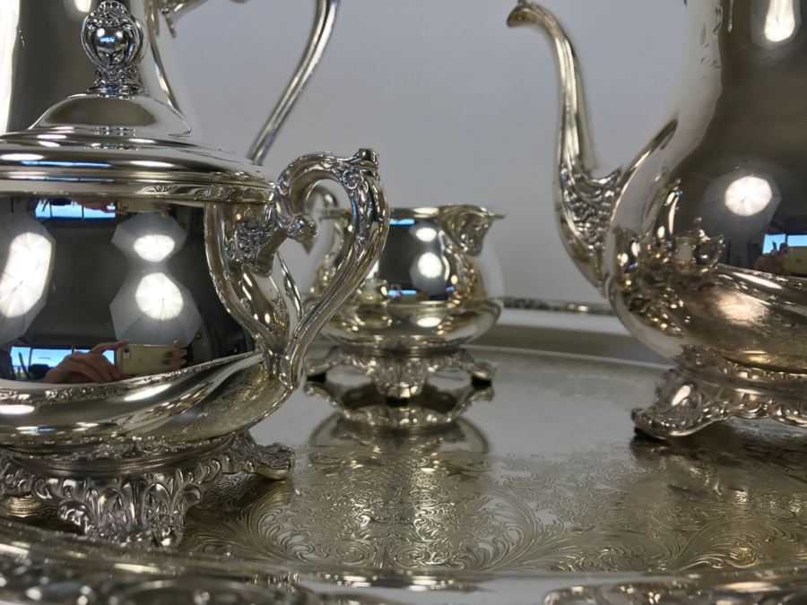 Silverplate Victorian Rose WM Rogers & Son Coffee Pot, Teapot, Creamer, Sugar And Serving Tray [Photo 13]