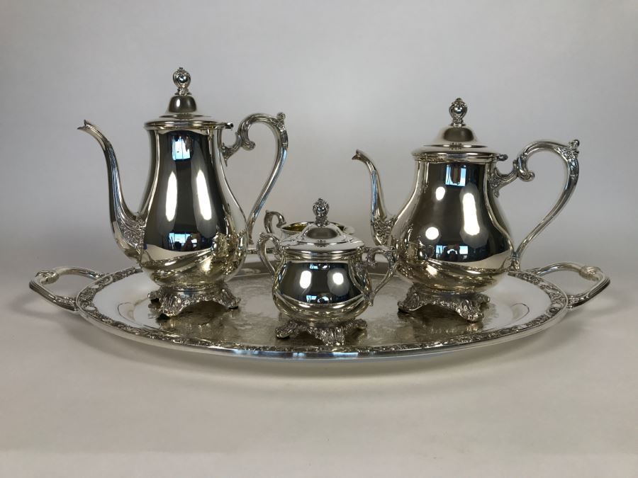 Silverplate Victorian Rose WM Rogers & Son Coffee Pot, Teapot, Creamer, Sugar And Serving Tray [Photo 4]