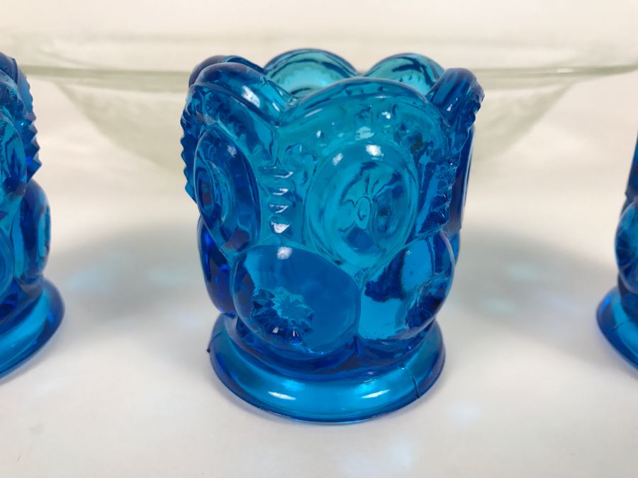 (3) Small Blue Glasses And Relief Glass Bowl [Photo 2]