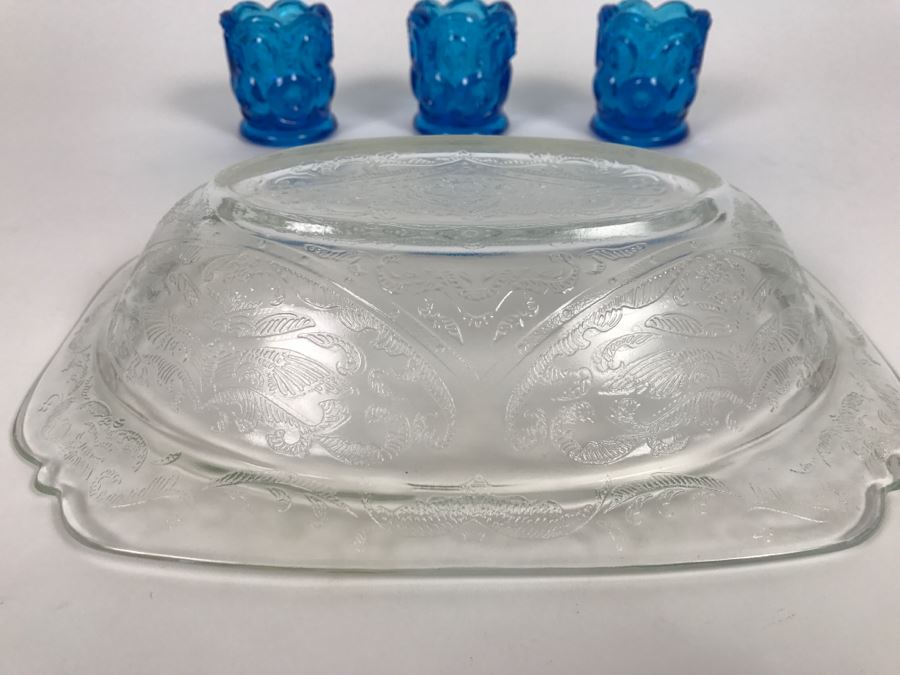 (3) Small Blue Glasses And Relief Glass Bowl [Photo 10]
