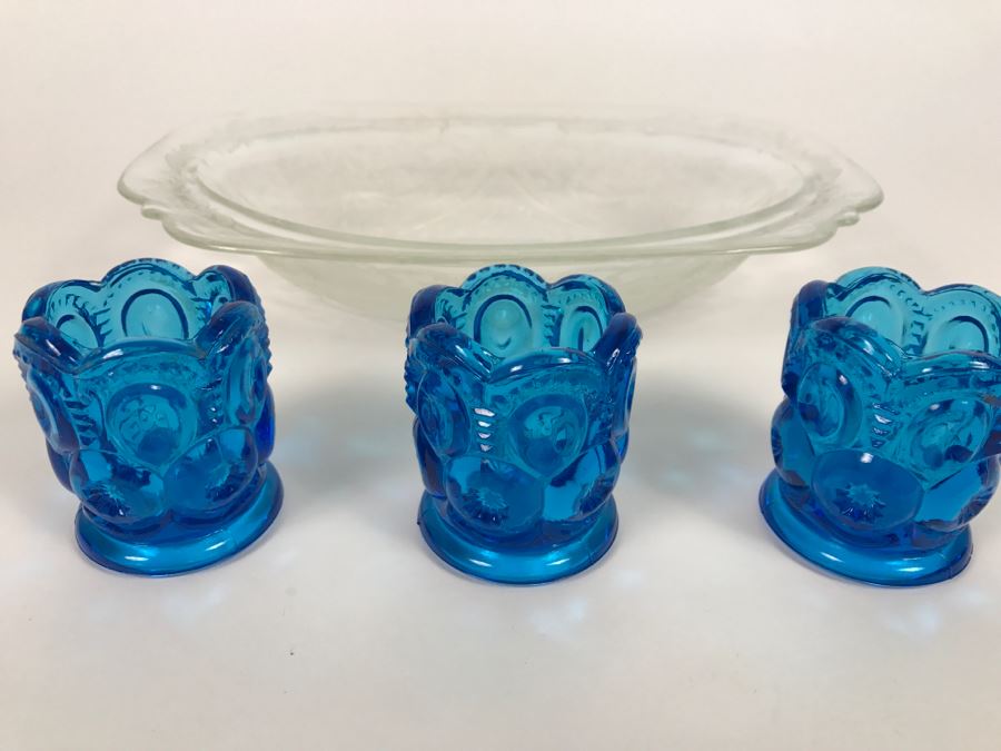 (3) Small Blue Glasses And Relief Glass Bowl [Photo 1]