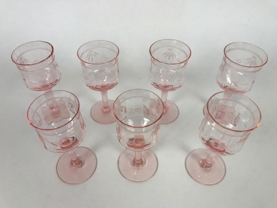 Set Of 7 Pink Depression Stemware Glasses [Photo 7]