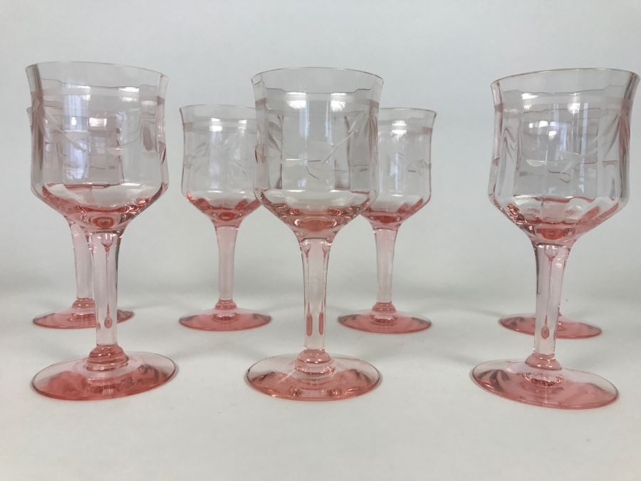 Set Of 7 Pink Depression Stemware Glasses [Photo 6]