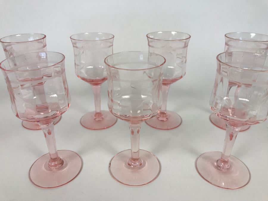 Set Of 7 Pink Depression Stemware Glasses