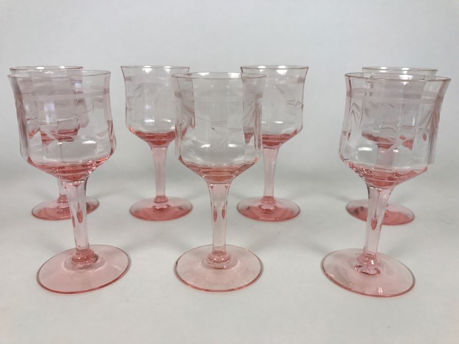 Set Of 7 Pink Depression Stemware Glasses