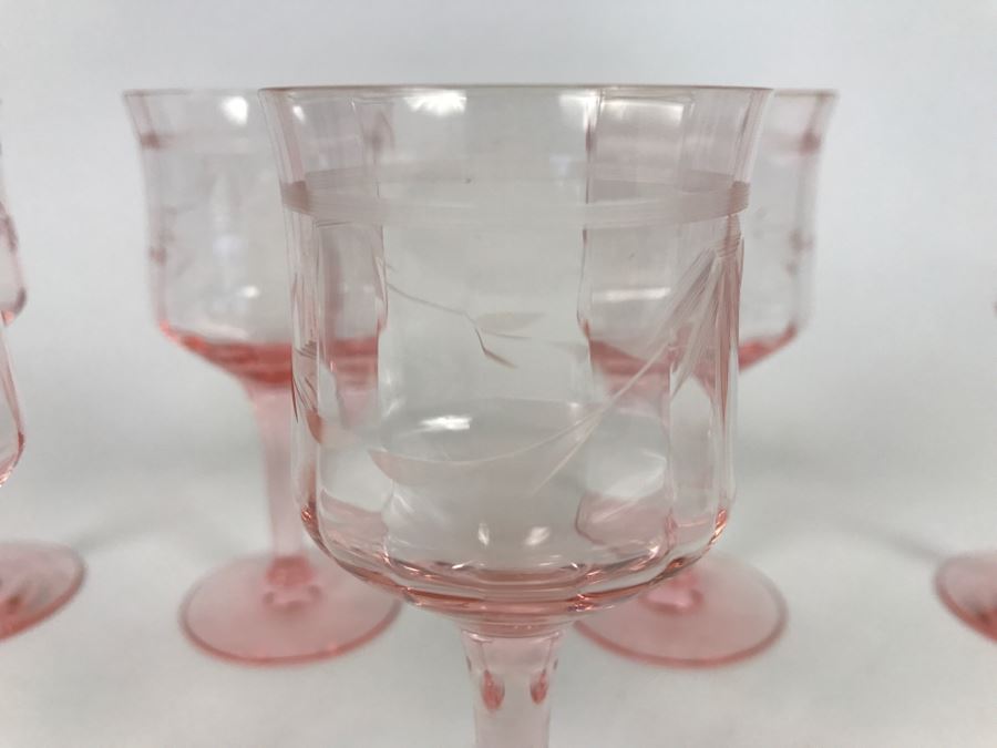 Set Of 7 Pink Depression Stemware Glasses [Photo 3]