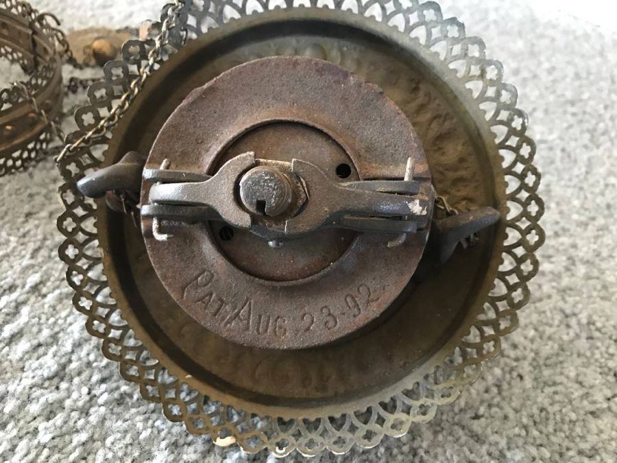 Antique Brass Parlor Hanging Lamp With Crystals Missing Glass Shade Patented 1892 - Has Been Electrified - As Found [Photo 13]