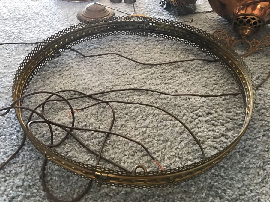 Antique Brass Parlor Hanging Lamp With Crystals Missing Glass Shade Patented 1892 - Has Been Electrified - As Found [Photo 11]