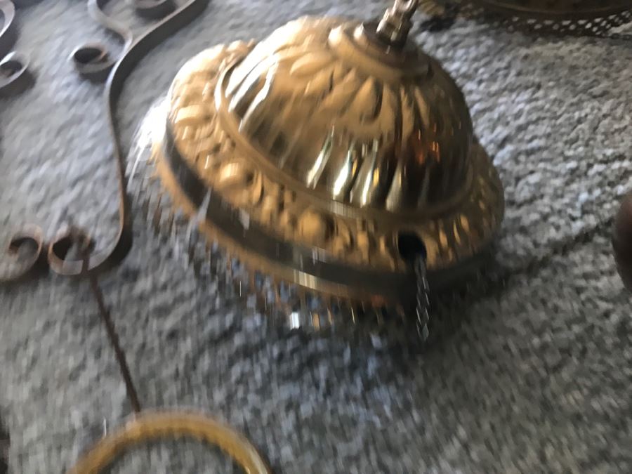 Antique Brass Parlor Hanging Lamp With Crystals Missing Glass Shade Patented 1892 - Has Been Electrified - As Found [Photo 6]