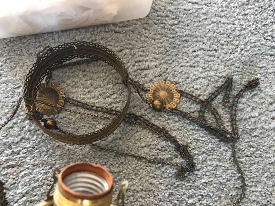 Antique Brass Parlor Hanging Lamp With Crystals Missing Glass Shade Patented 1892 - Has Been Electrified - As Found [Photo 10]