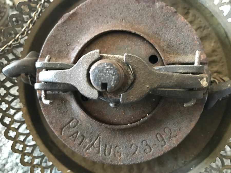 Antique Brass Parlor Hanging Lamp With Crystals Missing Glass Shade Patented 1892 - Has Been Electrified - As Found [Photo 15]