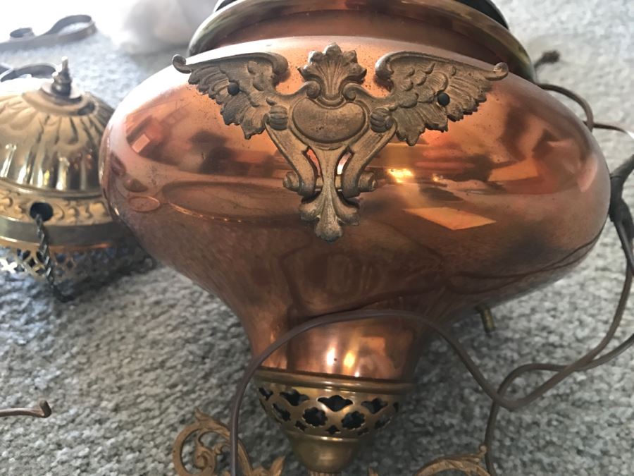 Antique Brass Parlor Hanging Lamp With Crystals Missing Glass Shade Patented 1892 - Has Been Electrified - As Found [Photo 2]
