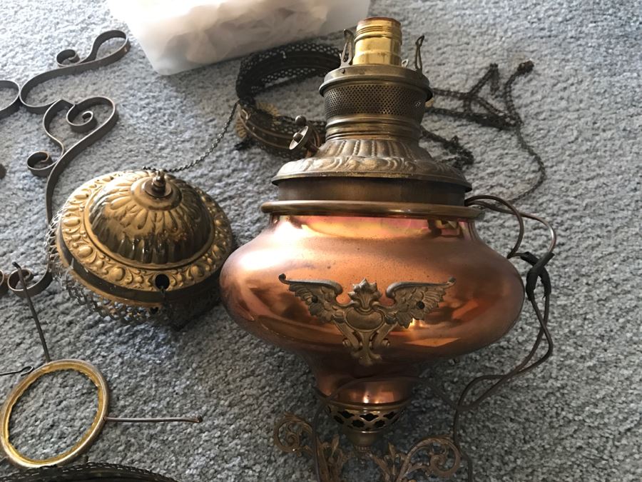 Antique Brass Parlor Hanging Lamp With Crystals Missing Glass Shade Patented 1892 - Has Been Electrified - As Found [Photo 12]