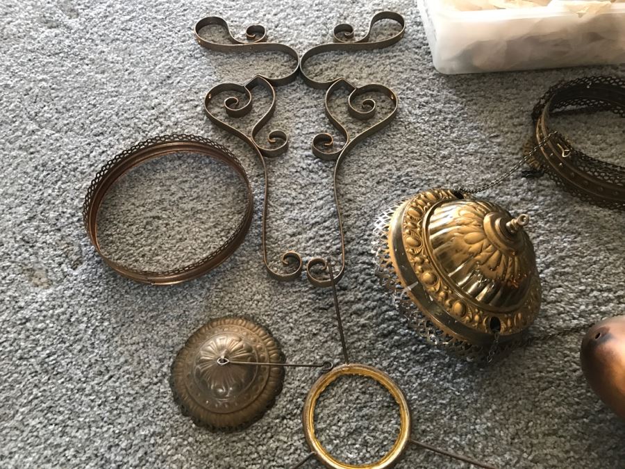 Antique Brass Parlor Hanging Lamp With Crystals Missing Glass Shade Patented 1892 - Has Been Electrified - As Found [Photo 7]