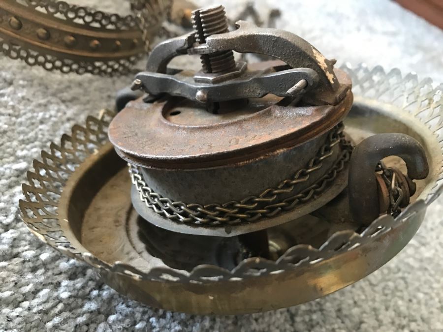 Antique Brass Parlor Hanging Lamp With Crystals Missing Glass Shade Patented 1892 - Has Been Electrified - As Found [Photo 16]